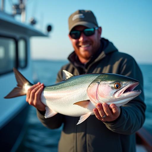 A jubilant angler with a large salmon catch aboard a Fjord Fin vessel.