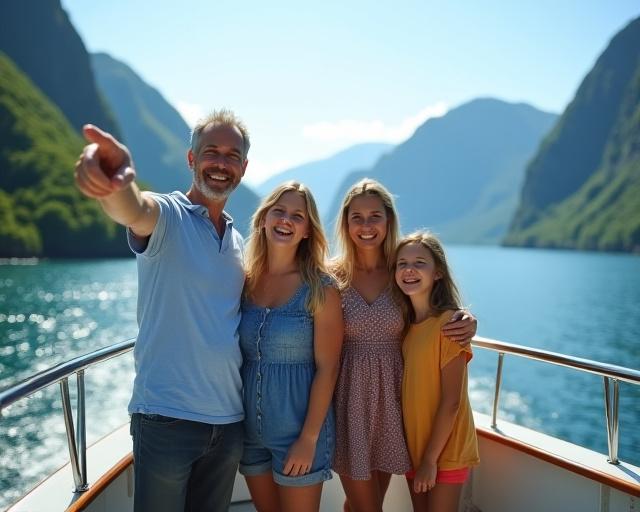 A happy family stands on the deck of a Fjord Fin boat, pointing at distant wildlife against a backdrop of green coastal mountains.