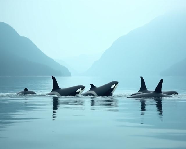 A family of Orcas (killer whales) gracefully surfacing in the calm, reflective waters of a British Columbia fjord.