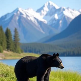 A black bear foraging on a green shoreline with snow-capped mountains in the background, typical for spring in BC.