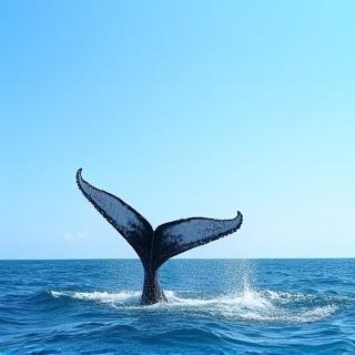 A humpback whale's tail flukes majestically above tranquil ocean waters during a sunny summer day.