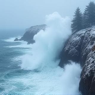 Dramatic waves crashing against a rugged, snowy coastline during a winter storm in British Columbia.